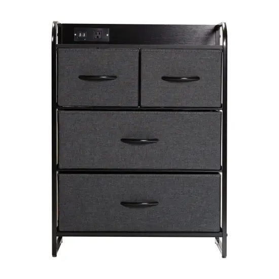 Emma and Oliver Hermes Nightstand with 4 Fabric Drawers, Charging Station with 2 USB Ports/Power Outlet, Engineered Wood Top, Wood Handles, Metal Frame Charcoal/Black {6}