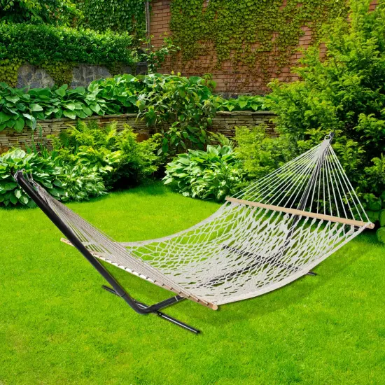 Northlight Lattice Macrame Netted Hammock with Wooden Bars - 78" x 59" - White {3}