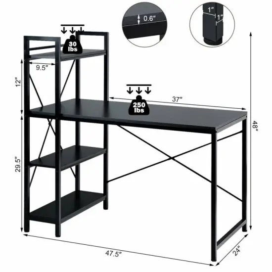47.5 Inch Writing Study Computer Desk with 4-Tier Shelves Black {4}