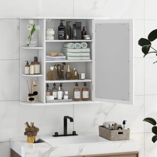Wall Mounted Mirror Bathroom Storage Cabinet with 3 Adjustable Shelves and 6 Open Side Racks White {4}