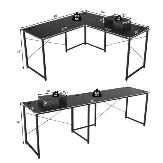 2-Person L-Shaped Long Reversible Computer Desk with Monitor Stand and Steel Frame Black {5}