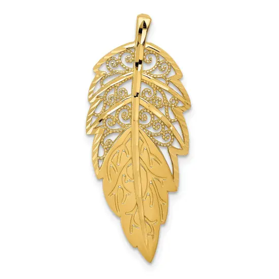 14K Gold Diamond Cut Leaf Pendant Charm Jewelry 32 x 14 mm {1}