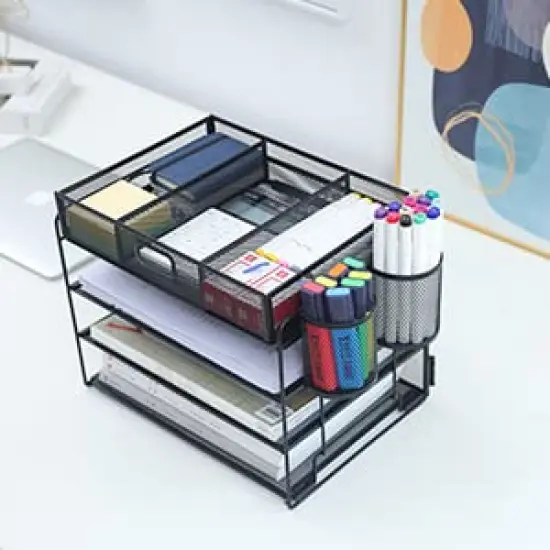 4 Tier Paper Letter Tray Organizer with Drawer and Pen Holder, Mesh Desktop Organizer Storage for Office Supplies (Black) {4}
