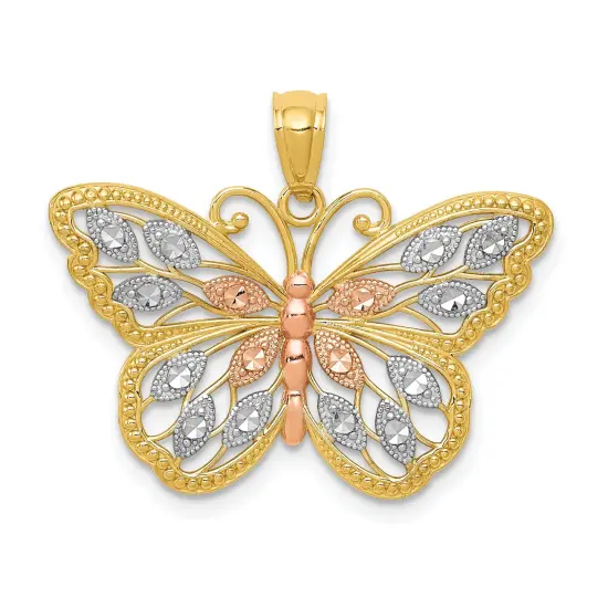14K Tri-Color Gold Diamond Cut Butterfly Pendant Charm Jewelry 16 x 26 mm {1}