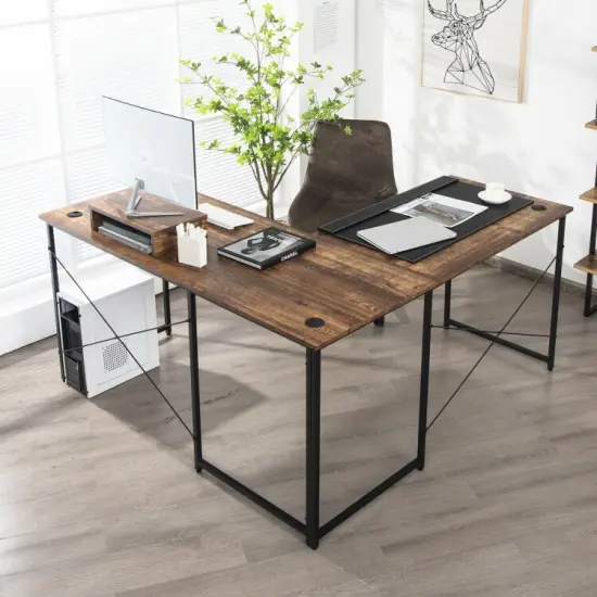 2-Person L-Shaped Long Reversible Computer Desk with Monitor Stand and Steel Frame Rustic Brown {4}