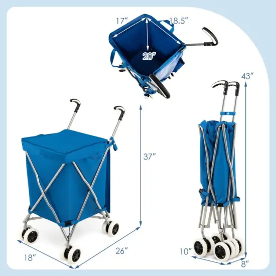 Folding Shopping Utility Cart with Water-Resistant Removable Canvas Bag-Blue {2}