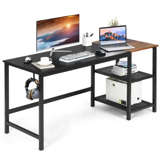59 Inch Home Office Computer Desk with Removable Storage Shelves and Charging Station Black {1}