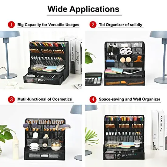 Mesh Desk/ Desktop Stationary Organizer, Multi-Functional Pen Holder, Storage Rack for School Home Office Art Supplies (Black Mesh Pen Holder with Drawer) {4}
