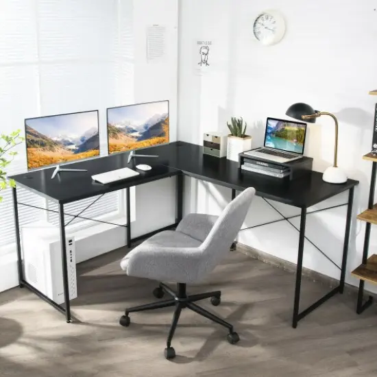 2-Person L-Shaped Long Reversible Computer Desk with Monitor Stand and Steel Frame Black {2}