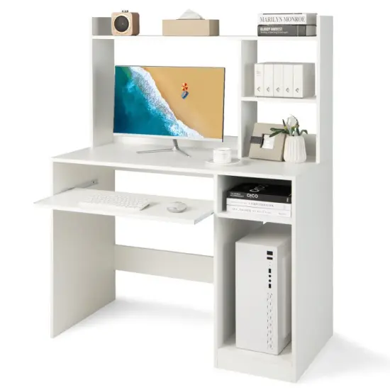 2-in-1 Computer Desk with Open Storage Shelves and Keyboard CPU Stand White {8}