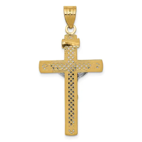 14K Two Tone Gold Diamond Cut Cross Crucifix Pendant Charm Jewelry 42 x 21 mm {3}