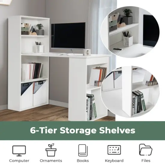 48" Computer Writing Desk with Bookshelf with Storage Shelves for Home Office Study Room White {5}