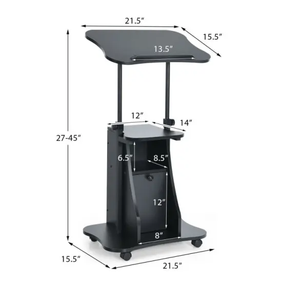 Adjustable Mobile Standing Desk Cart with Tilt Desktop and Cabinet-Black {2}