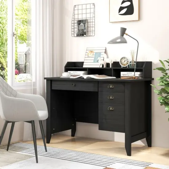 Modern Computer Desk with Storage Shelves and 4 Drawers Black {2}