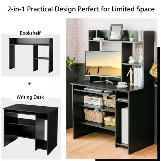 2-in-1 Computer Desk with Open Storage Shelves and Keyboard CPU Stand Black {5}
