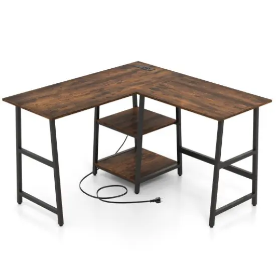 L Shaped Corner Computer Desk with Storage Shelves and Heavy Duty Metal Frame Brown {3}