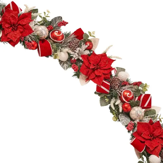 Red, Gold, Blue, Green Poinsettia, Magnolia Garland (Unlit) {2}