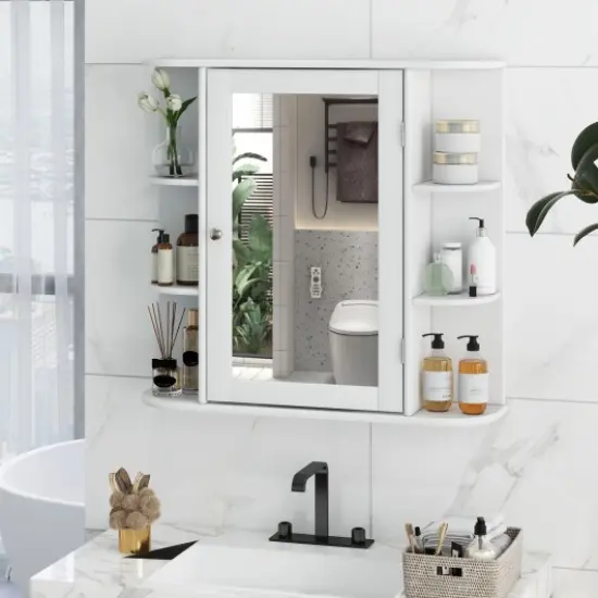 Wall Mounted Mirror Bathroom Storage Cabinet with 3 Adjustable Shelves and 6 Open Side Racks White {5}