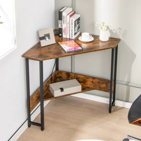 Triangle Computer Corner Desk with Charging Station Rustic Brown {6}