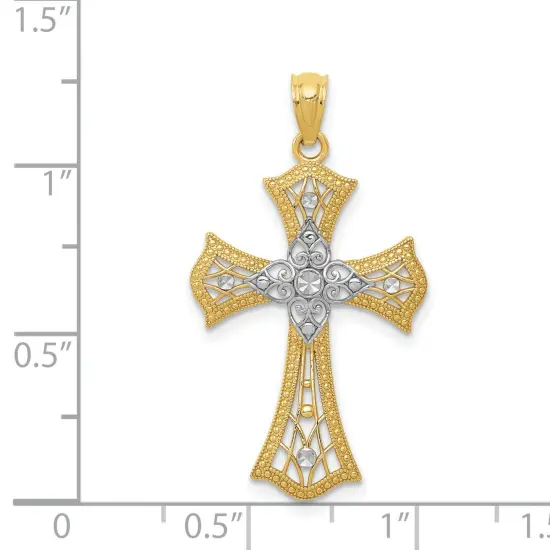 14K Gold Rhodium Plated Two Tone Diamond Cut Cross Pendant Charm 28mm x 18mm {2}