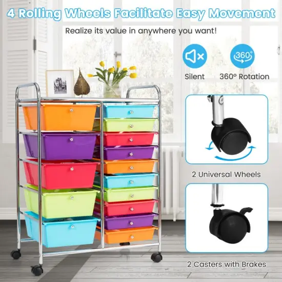 15-Drawers Multi-Use Rolling Storage Organizer Cart with Chrome Finish Steel Frame Perfect for Any Room Multicolor {5}