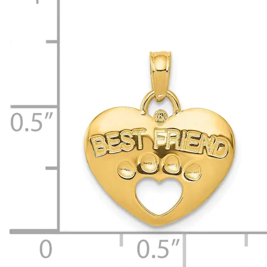 14K Gold Best Friend On Heart With Cut-Out Paw Pendant Charm Jewelry 18 x 15 mm {2}
