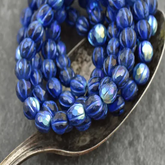 *20* 8mm Blue Washed Matte Sapphire AB Faceted Round Melon Beads {1}