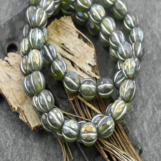 *20* 8mm Silver Washed Matte Peridot AB Faceted Round Melon Beads {1}