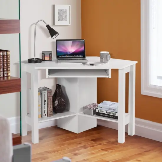 Wooden Study Computer Corner Desk with Drawer and Slide-Out Keyboard Tray White {6}