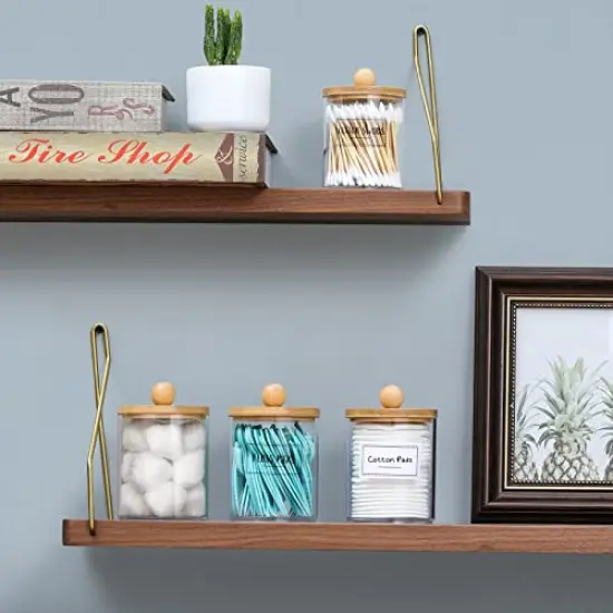 4 Pack Qtip Holder Dispenser with Bamboo Lids - 10 oz Clear Plastic Apothecary Jar Containers for Vanity Makeup Organizer Storage - Bathroom Accessories Set for Cotton Swab, Ball, Pads, Floss {2}