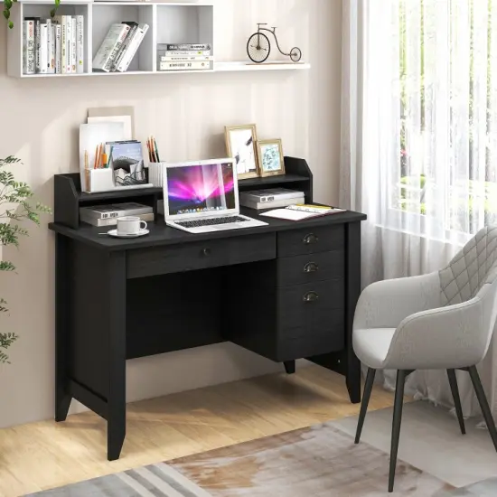 Modern Computer Desk with Storage Shelves and 4 Drawers Black {4}