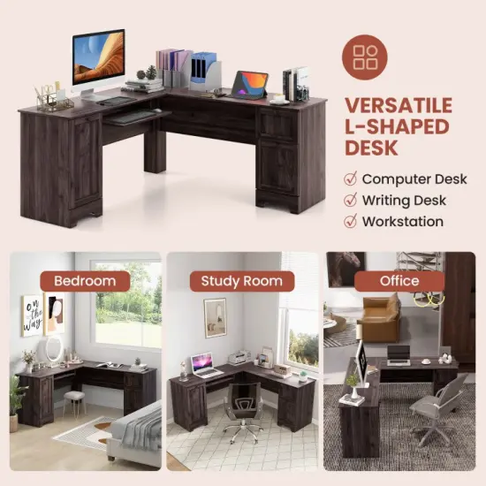 L-Shaped Office Desk with Storage Drawers and Keyboard Tray Dark Brown {8}