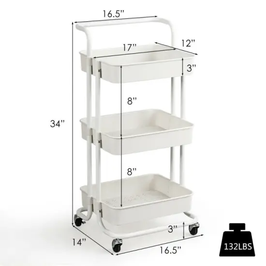 3-Tier Multi-Purpose Vertical Utility Cart with Smooth Casters Ample Storage and Drainage Design White {5}