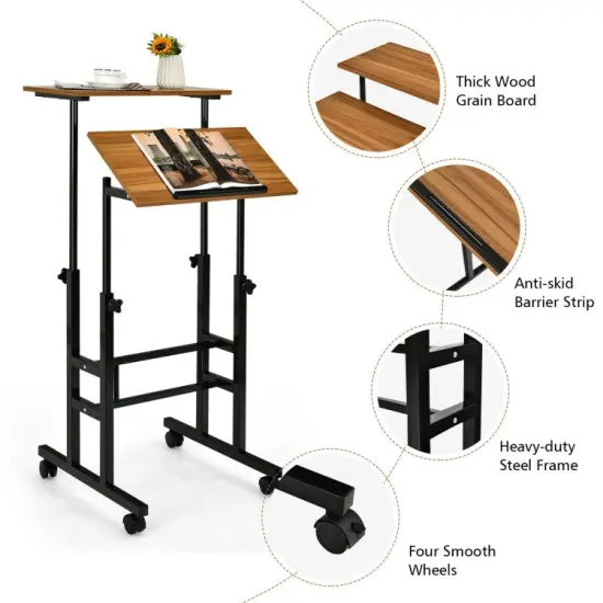 Height Adjustable Mobile Standing Desk with rolling wheels for office and home Walnut {5}