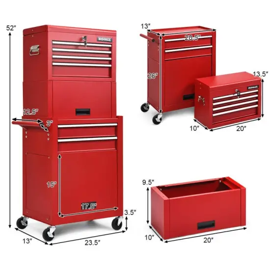 3 in 1 Design 6-Drawer Tool Heightening Chest Cabinet with 360&deg; Swivel Casters Red {5}