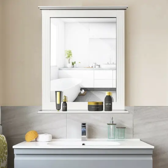 Space Saving Wall-Mounted Bathroom Vanity Mirror with Bottom Shelf Suitable for Any Room White {3}