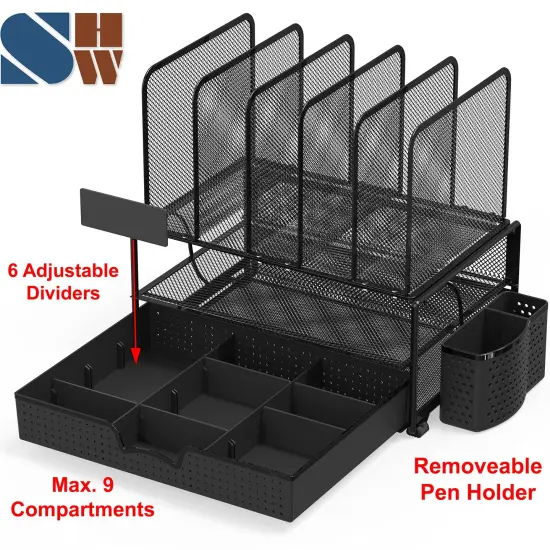 Simple Houseware Mesh Desk Organizer with Sliding Drawer, Double Tray and 5 Upright Sections, Black {4}
