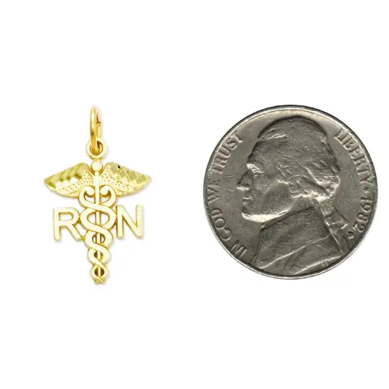 14K Gold RN Caduses Charm Nurse Pendant FindingKing {2}