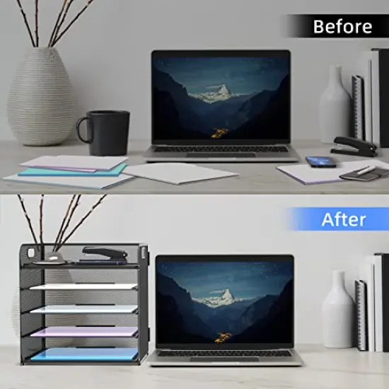 5 Trays Paper Organizer with Handle - Mesh Desk File/Letter Organizer,Black Paper Sorter for Office, Home or School {6}