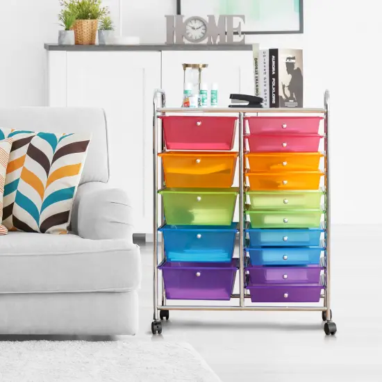 15-Drawers Multi-Use Rolling Storage Organizer Cart with Chrome Finish Steel Frame Perfect for Any Room Clear Multicolor {3}