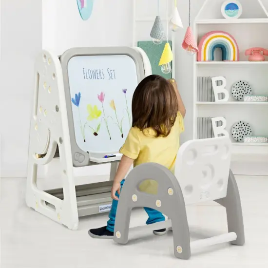 2-in-1 Kids Easel Desk Chair Set Book Rack Adjustable Art Painting Board Gray {6}