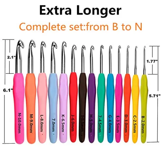 14 Size Crochet Hooks Set,MultiColor,2mm(B)-10mm(N) Ergonomic Crochet Hooks with Case for Arthritic Hands, Extra Long Crochet Needles {4}