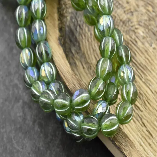 *20* 8mm Metallic Green Washed Matte Peridot AB Faceted Round Melon Beads {2}