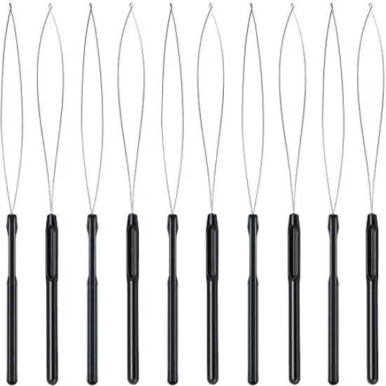 10 Pieces Hair Extension Loop Needle Threader Pulling Hook Tool and Bead Device Tool Black Loop Threader for Hair or Feather Extensions (Black) {2}