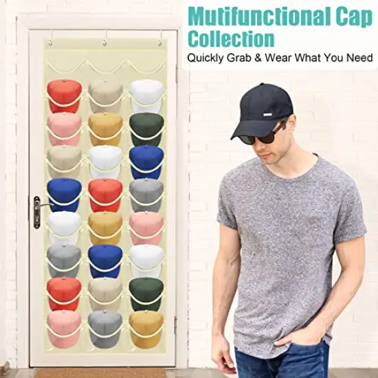 Hat Rack 27 Pockets - Hat Organizer For Baseball Cap - Hat Racks For Baseball Caps Hat Holder Hanging Over The Door Closet, Hat Storage With Large Clear Pockets & 3 Hooks For Baseball Cap& Cowboy Hat {4}