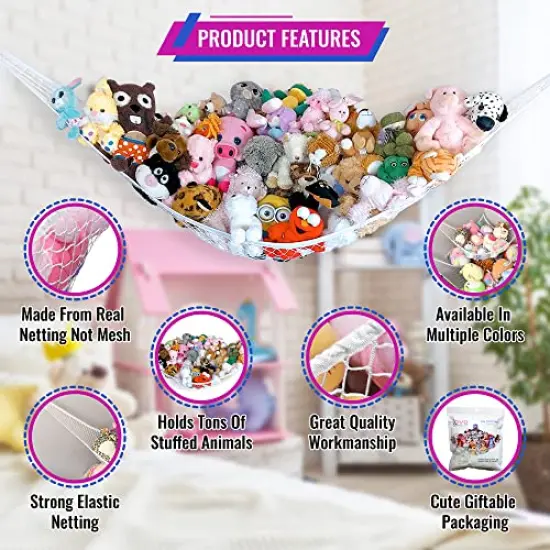 Large Stuffed Animal Net Hammock for Plushie Toys | Corner Hanging Organizer for your Teddy and Stuffy Collection | Easy to Hang w/Included Anchors & Hooks (White) {5}