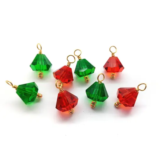 Mini Christmas Ornaments, 8 pieces with Hooks, Red & Green Glass Bell Baubles, Adorabilities {1}