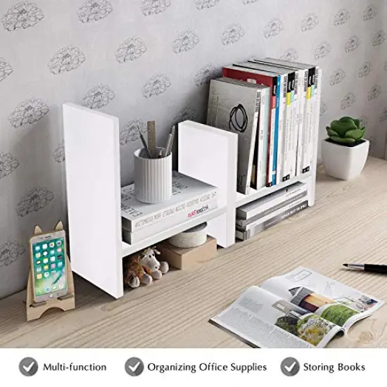 Desktop Organizer Office Storage Rack Adjustable Wood Display Shelf - Free Style Double H Display - True Natural Stand Shelf (White) {3}