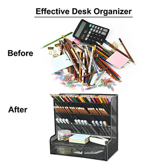 Mesh Desk/ Desktop Stationary Organizer, Multi-Functional Pen Holder, Storage Rack for School Home Office Art Supplies (Black Mesh Pen Holder with Drawer) {3}