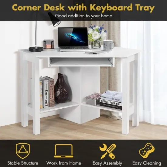 Wooden Study Computer Corner Desk with Drawer and Slide-Out Keyboard Tray White {3}